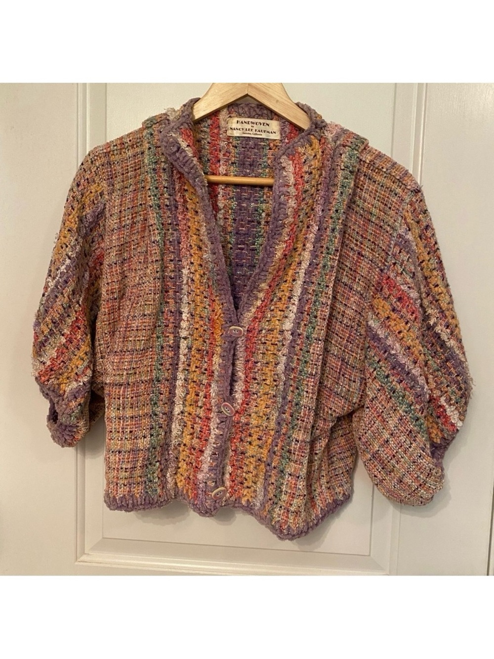 NANCY LEE KAUFMAN HANDMADE CARDIGAN SWEATER JACKET BUTTON OOAK MULTICOLOR S fit